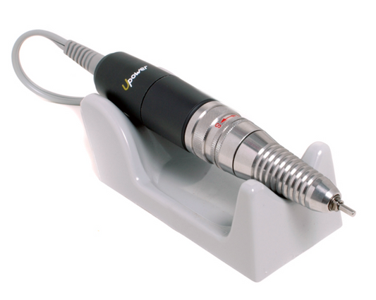 Nail drill with a black and silver design on a white background