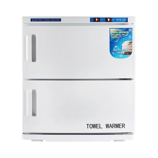 White double towel warmer with a label on a white background